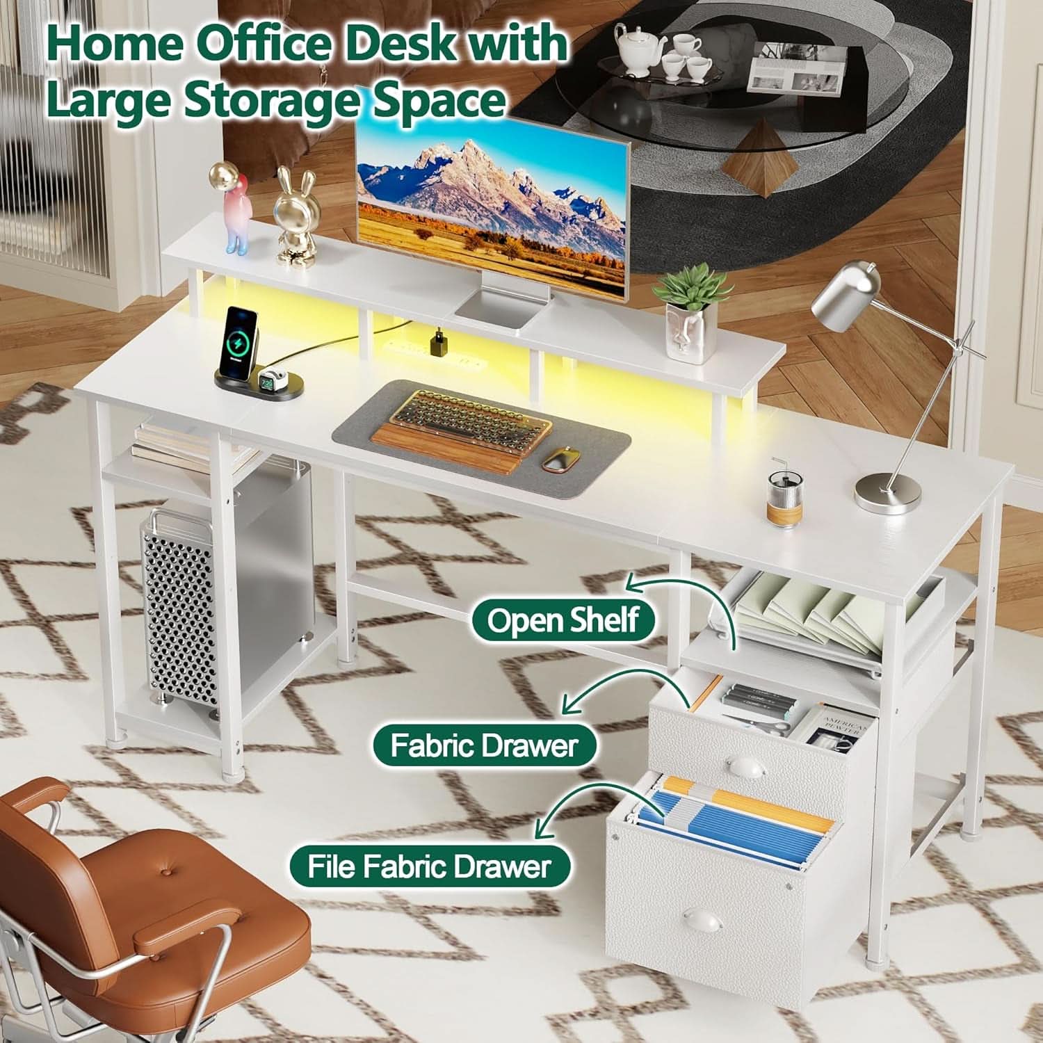 Sixty One Inch Computer Desk LED Illumination White Finish