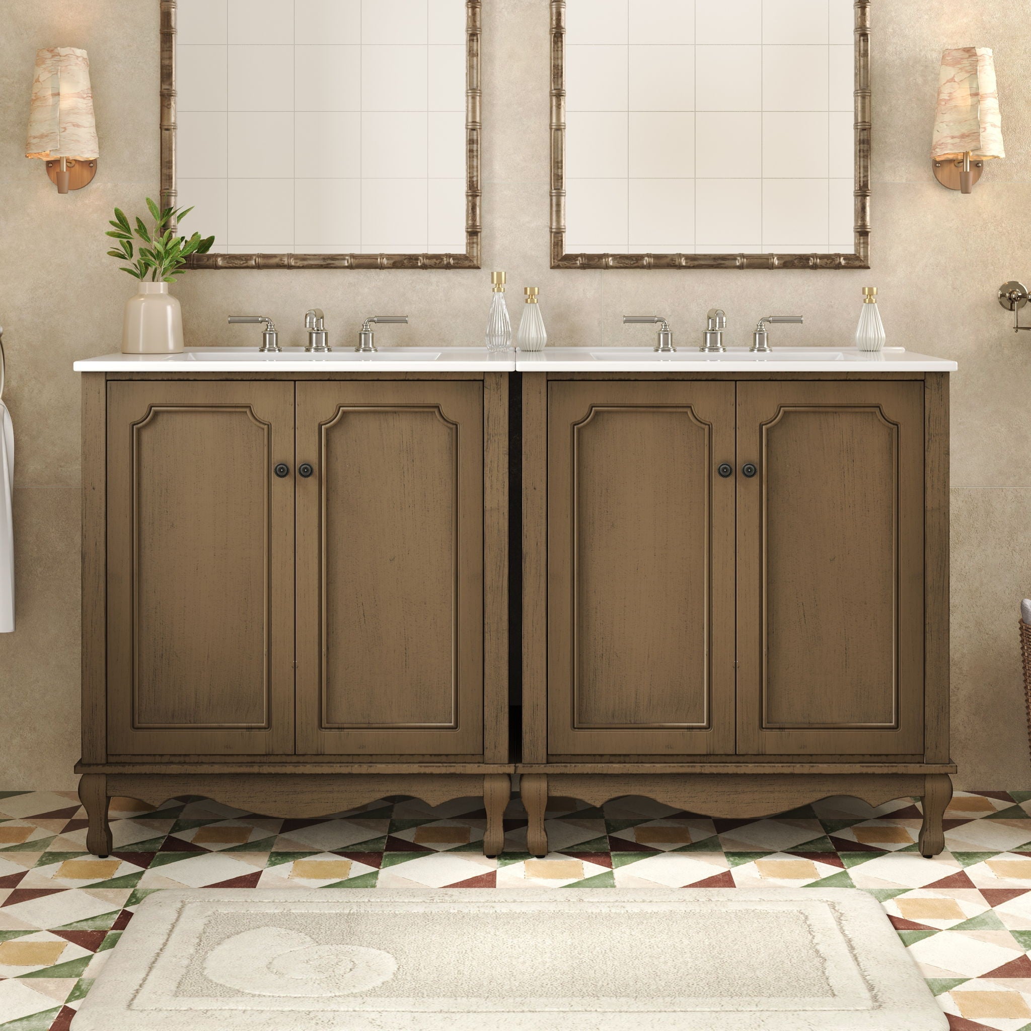 Vintage Double Sink Bathroom Vanity Set With Ceramic Sinks