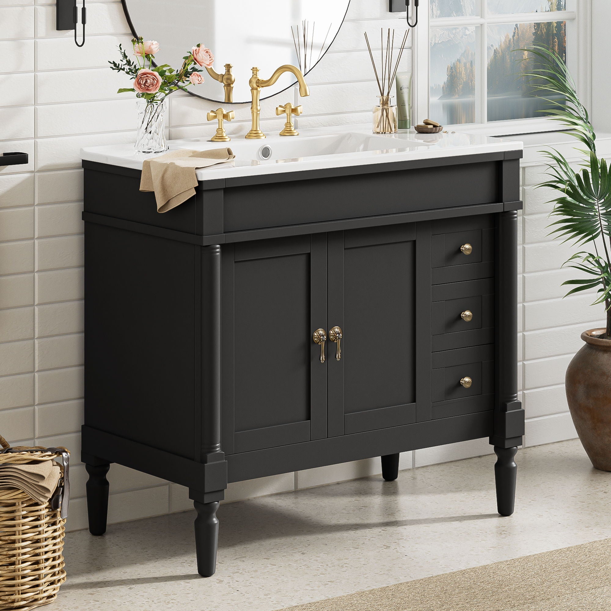 Bathroom Vanity With Ceramic Sink, 2 Doors 3 Drawers, Soft Close Design