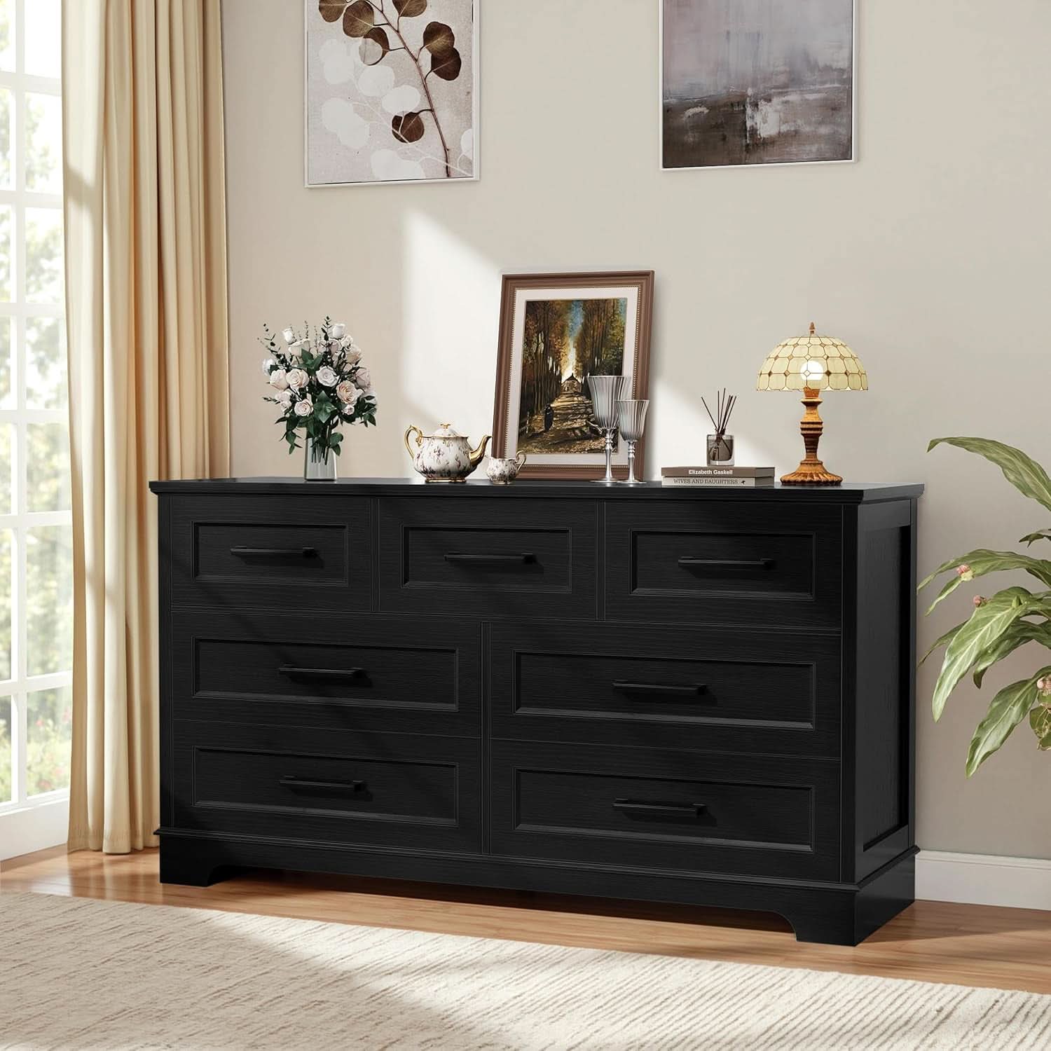 Seven Drawer Dresser For Bedroom Black Finish Storage