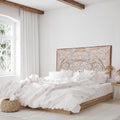 Handcrafted White-Wash Wooden Queen Headboard with Carved Design
