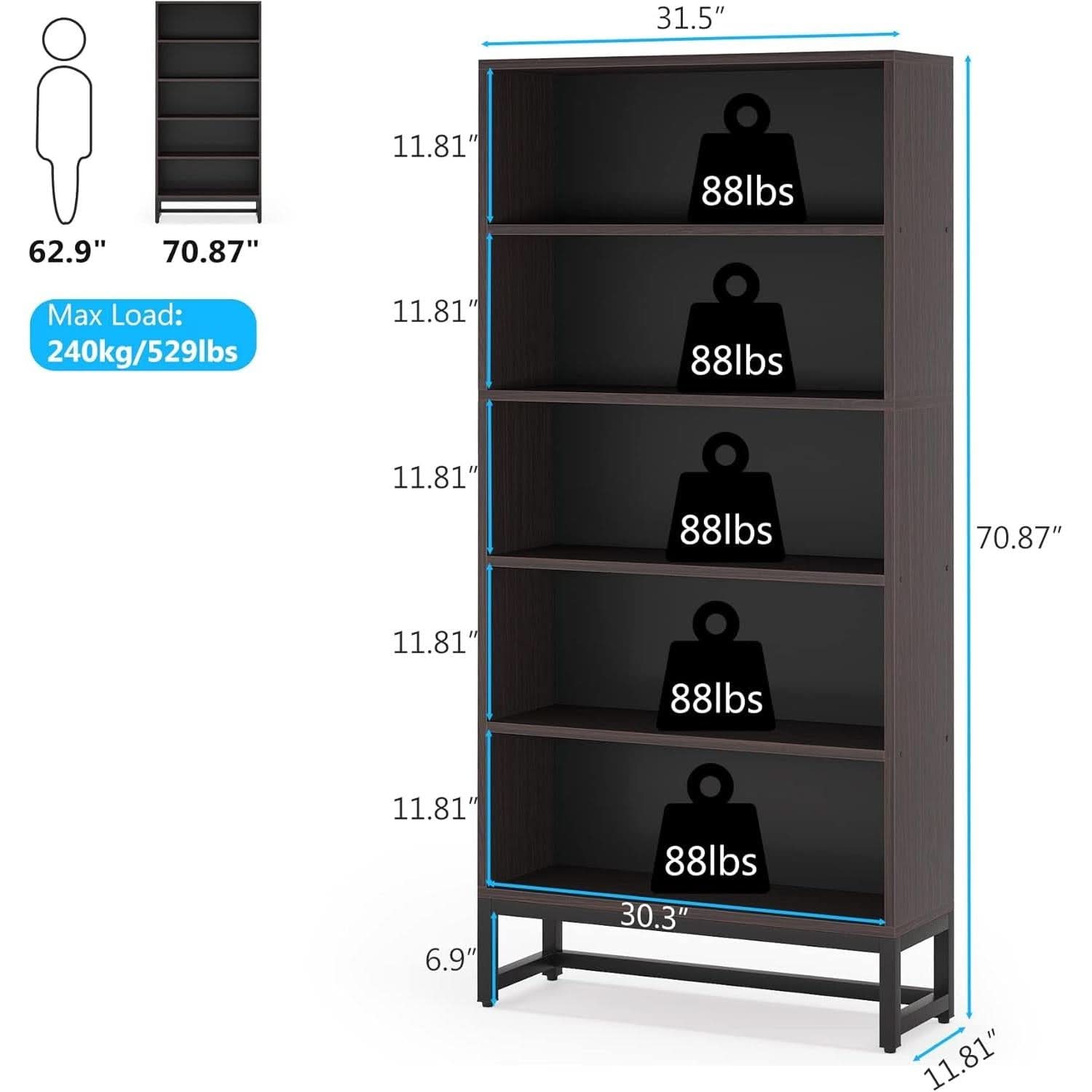 Tall Bookcase And Bookshelf 70.8 Inch Sandalwood Shelving
