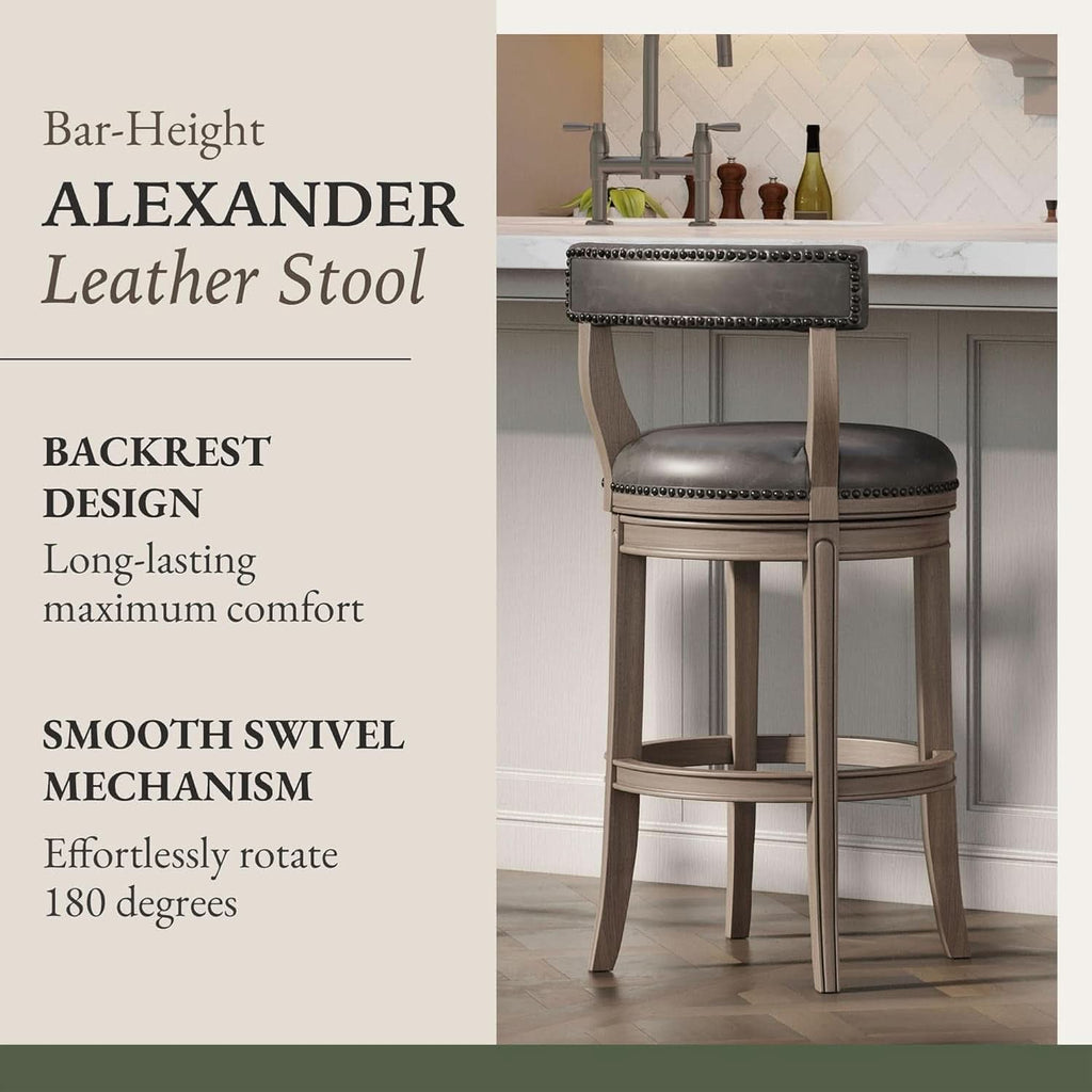 Alexander 31 Inch Rotating Bar Stool Reclaimed Oak Finish Vegan Leather Seat