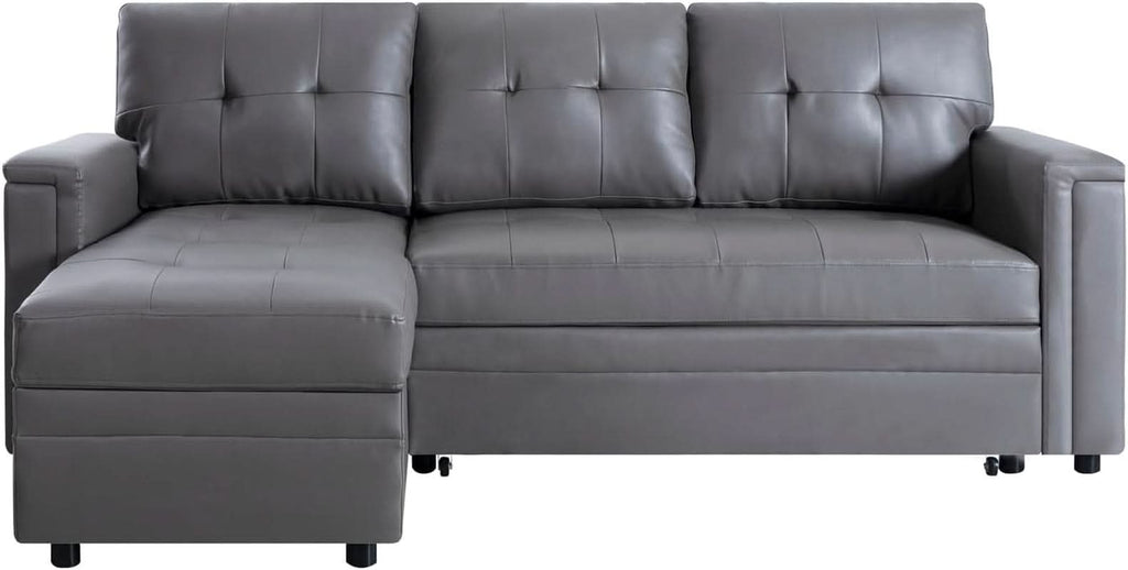 L Shaped Sectional Sleeper Sofa With USB Ports Gray Leather