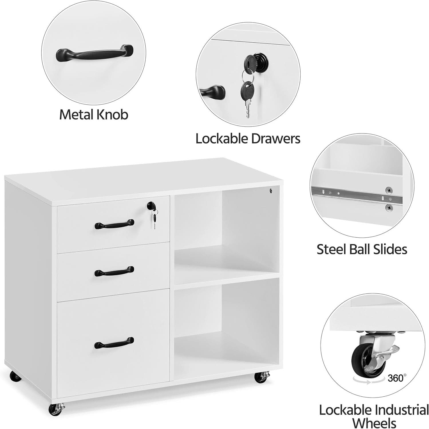 3 Drawer File Cabinet White Mobile Lateral Filing Cabinet With Lockable Top Drawer And Open Shelves For Home Office