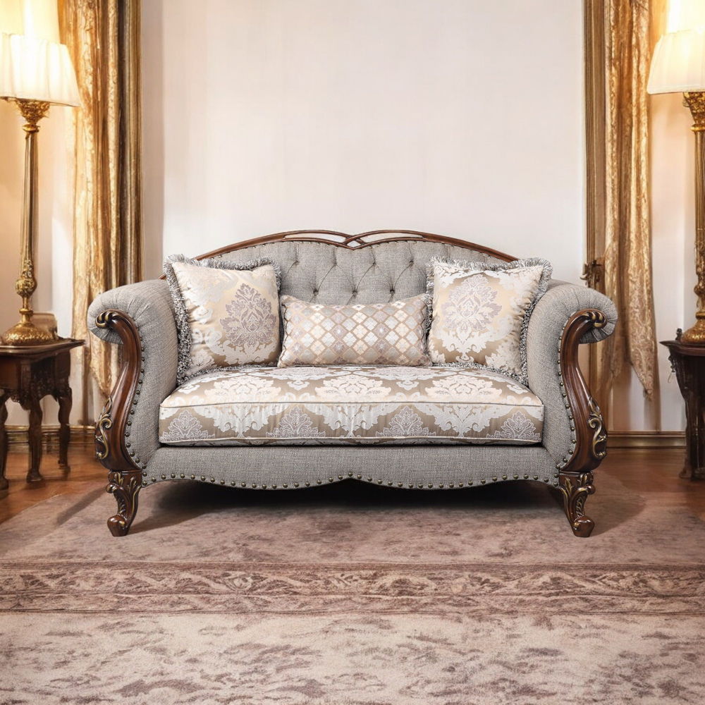 Miyeon - Loveseat With 3 Pillows - Fabric & Cherry