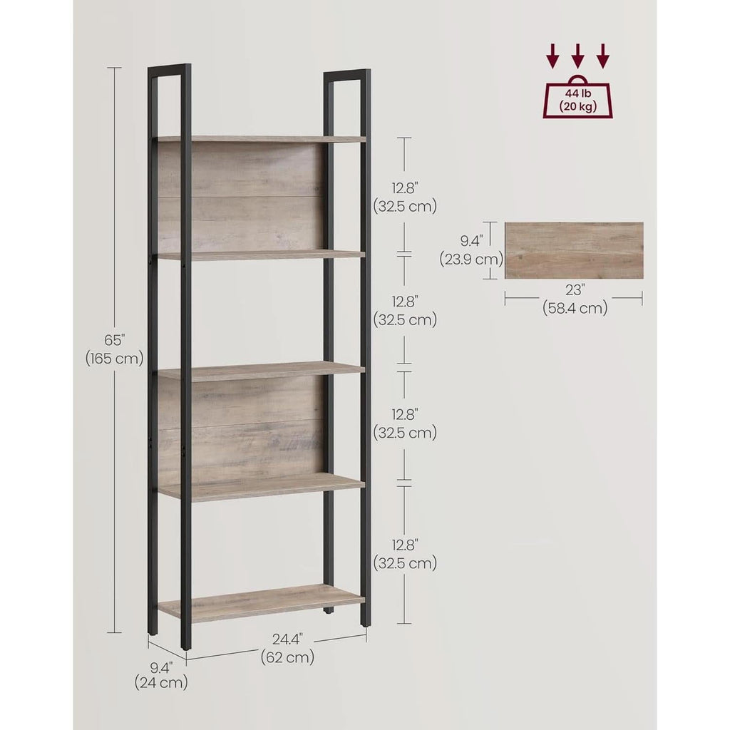 5 Tier Bookshelf Steel Frame 9.4Dx24.4Wx65H Greige Black