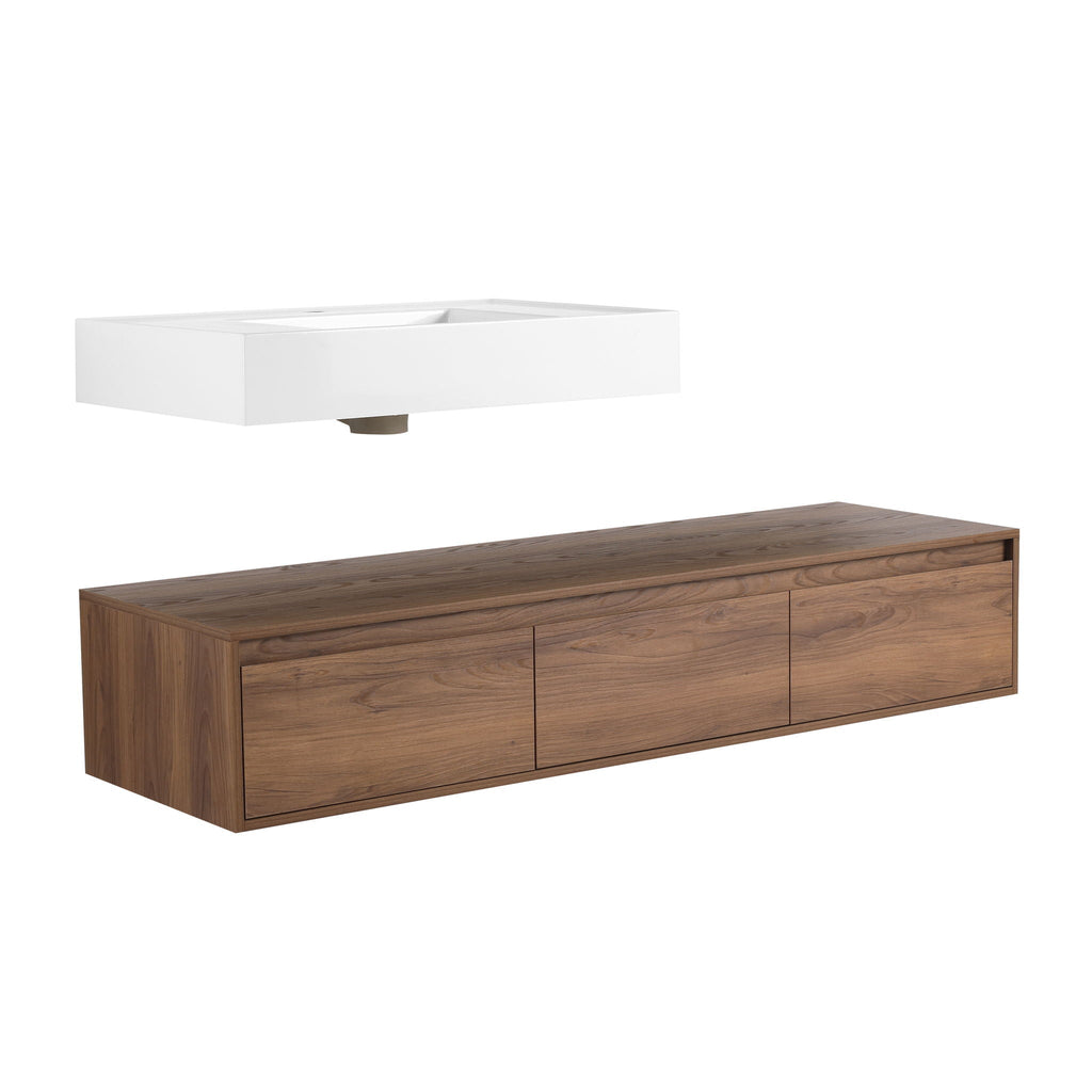 Modern Wall Mounted Bathroom Vanity With Resin Sink And Side Cabinet - Brown Ebony