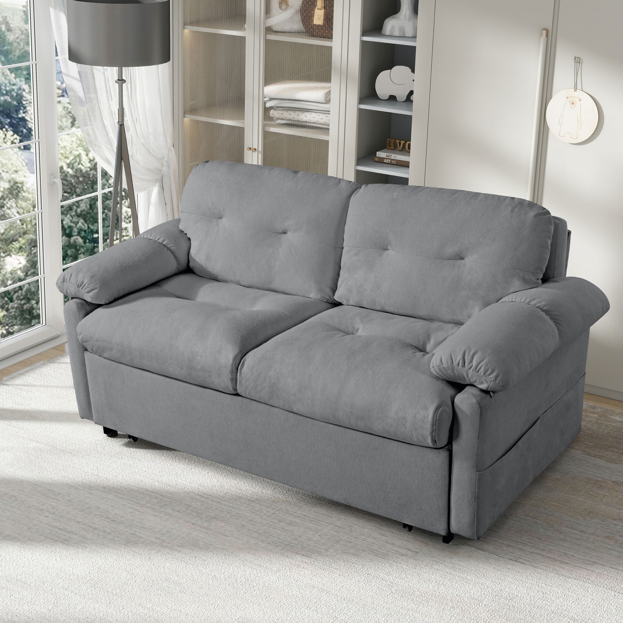 Convertible Pull Out Sofa Bed Queen Size, 3 In 1 With Side Storage