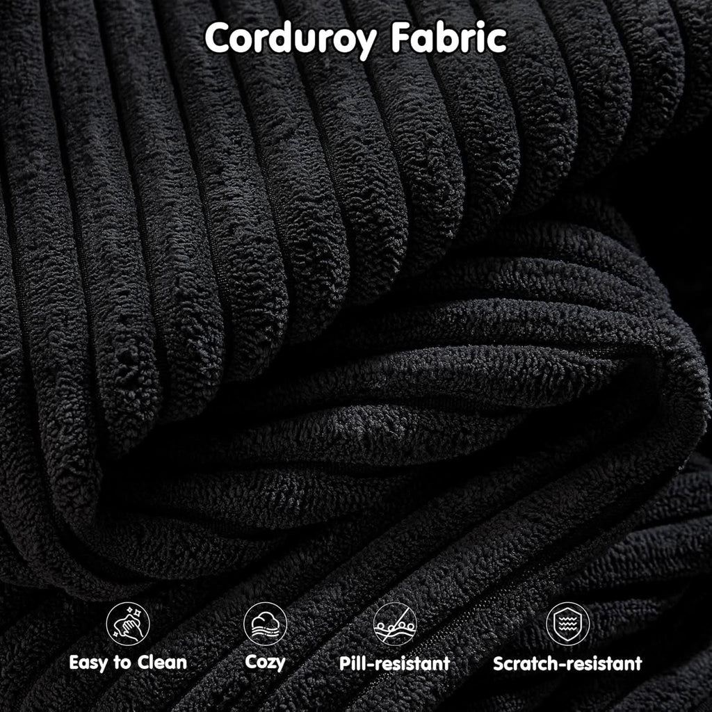 104 Inch Black Corduroy L Shaped Sectional Sofa Deep Set Upholstered Modular Couch No Assembly