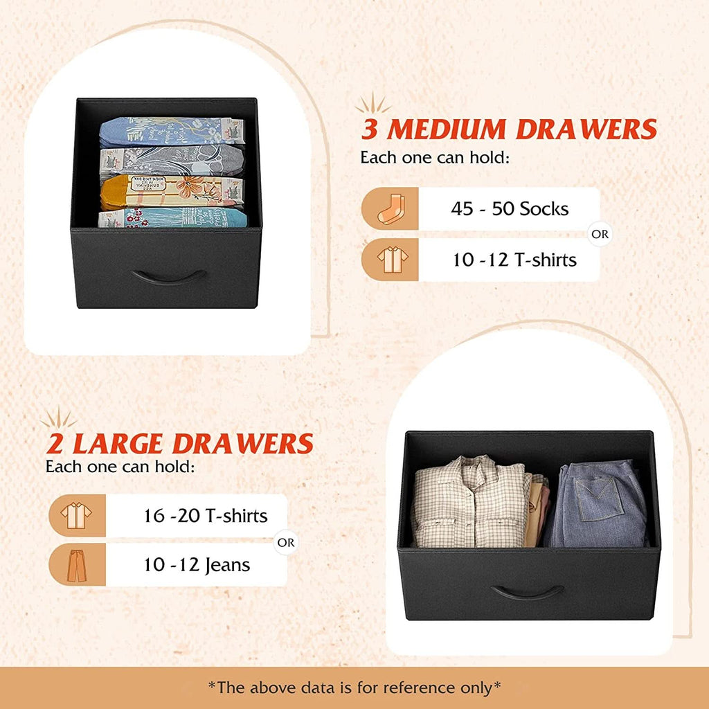 5 Drawer Fabric Dresser With Bins And Wood Top For Bedroom