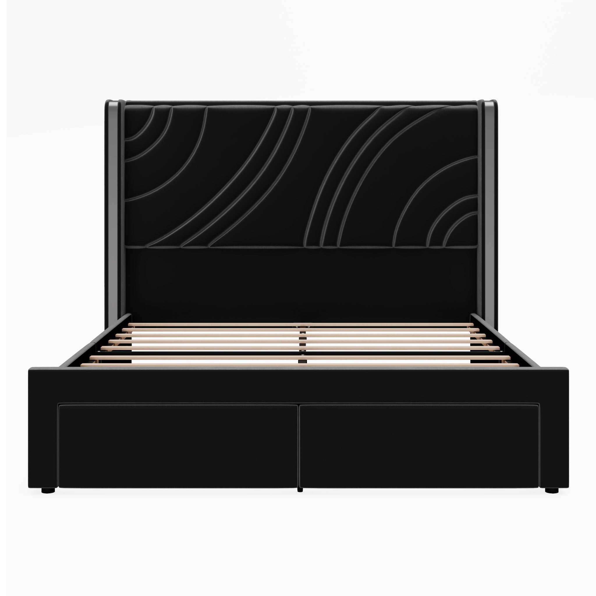 Modern Upholstered LED Bed Frame With Storage Drawers, Wingback Headboard, RGB Light