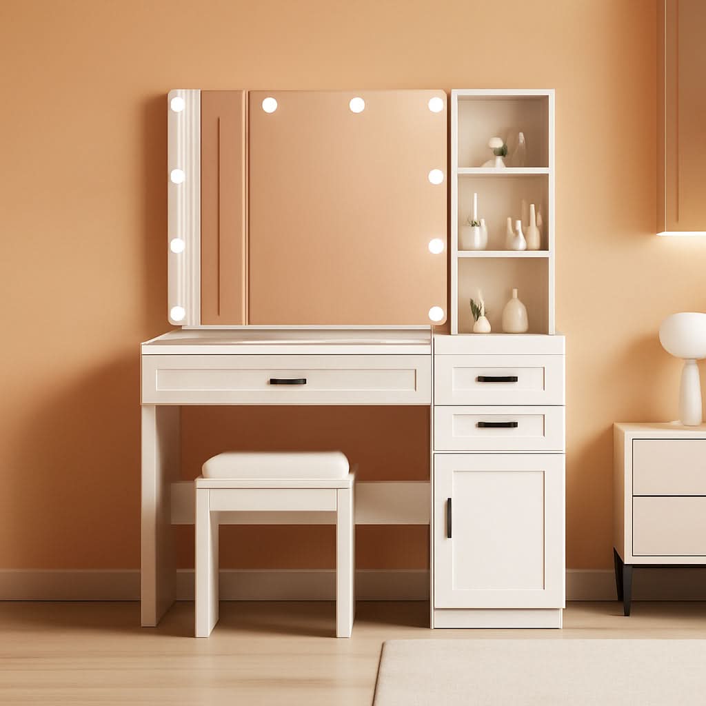 White Vanity Table Set With Glass Top Hollywood Mirror