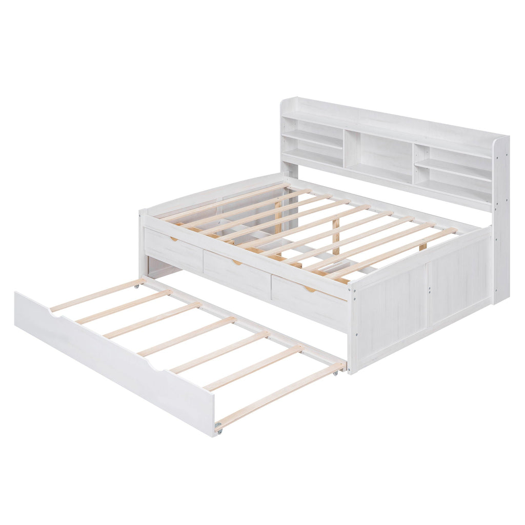 Captain Bed With Built In Bookshelves, 3 Storage Drawers, And Trundle
