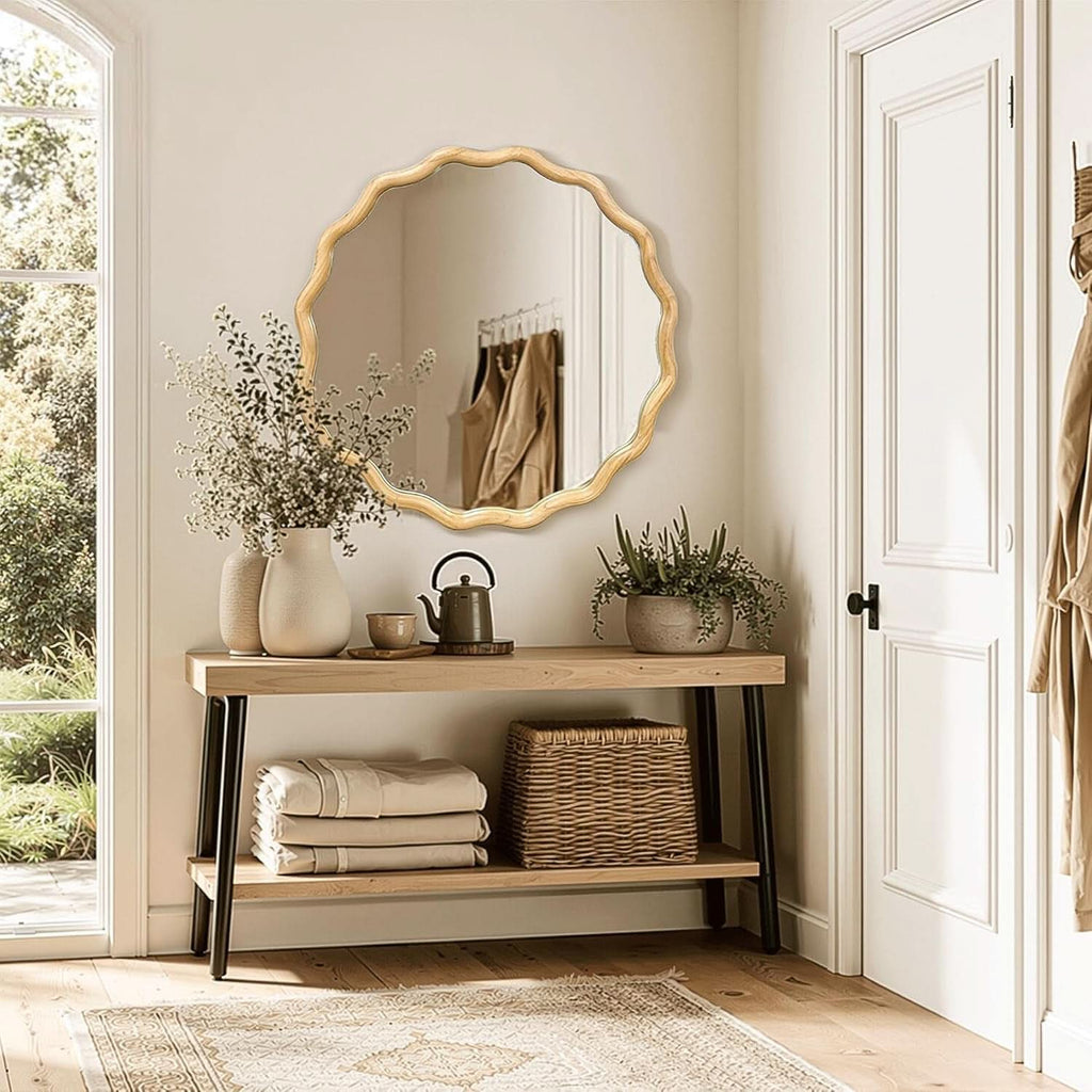 Round Wood Wall Mirror 24 Inch Shatterproof Glass Mounted