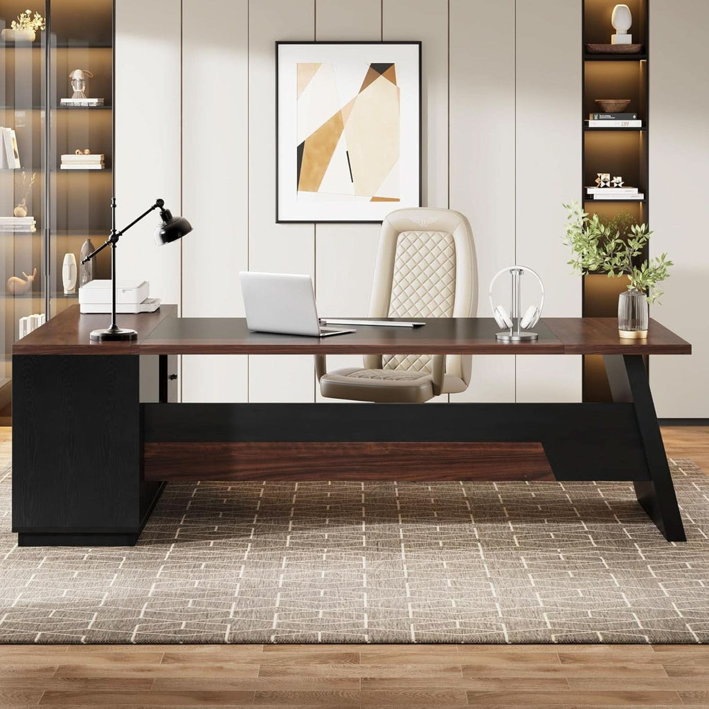 78 Inch L Shaped Executive Desk Walnut Black For Home Office