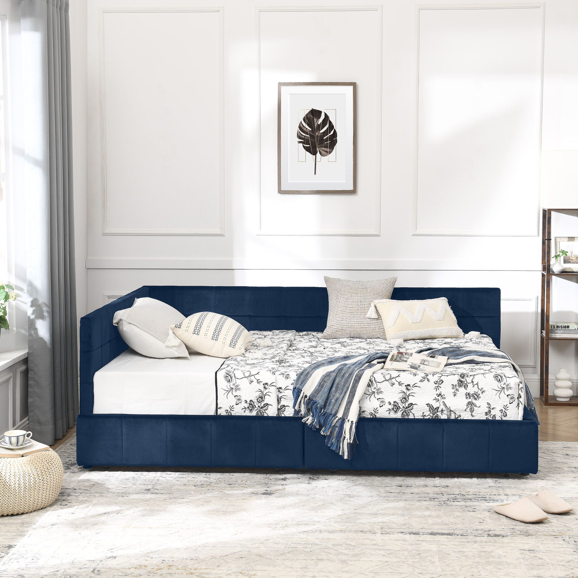 Mid-Century Storage Upholstered Tufted Bed Frame With Backrest And Armrests