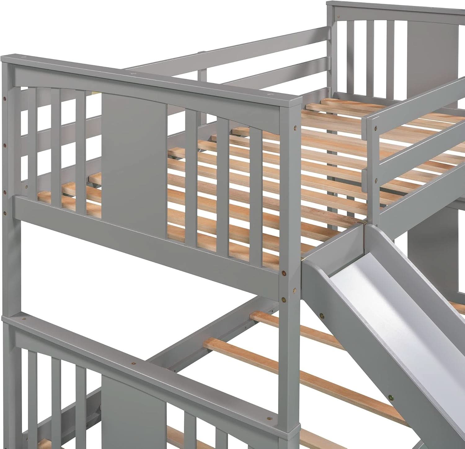 Twin Over Twin Bunk Bed With Slide In Gray For Kids