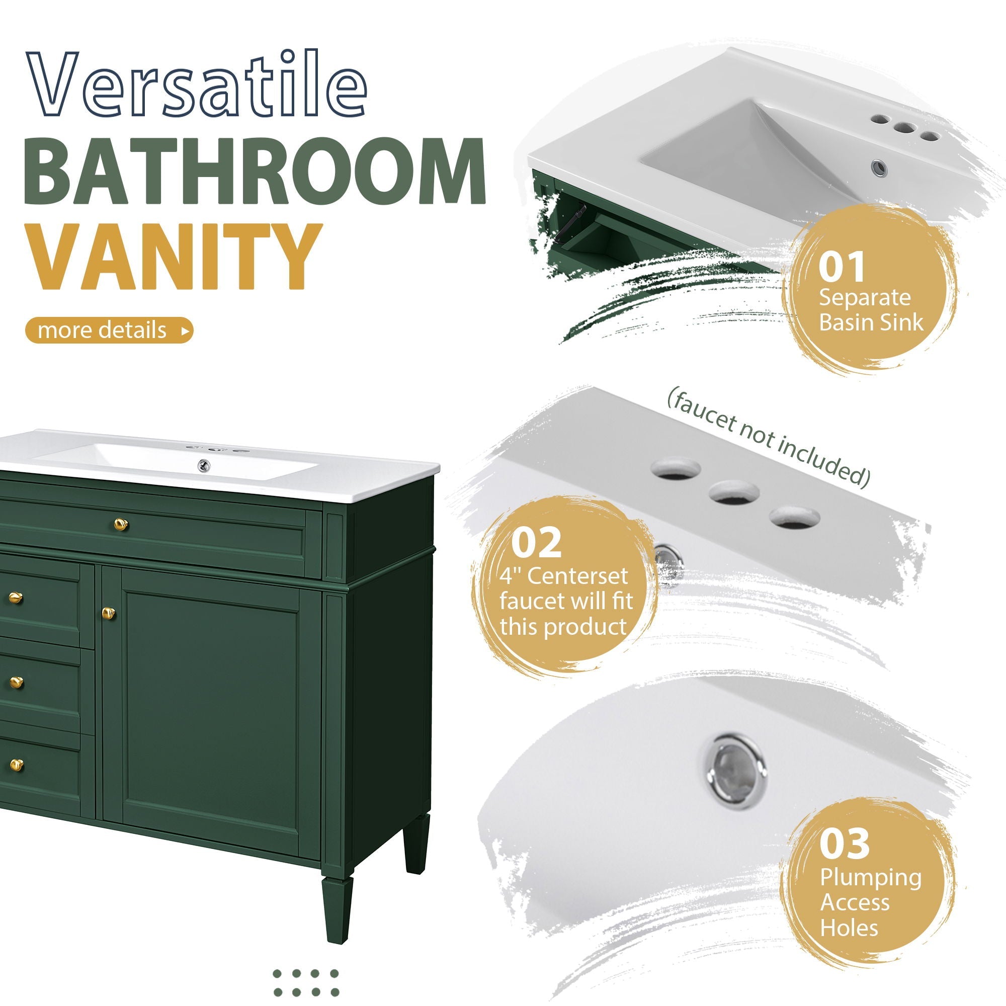 Bathroom Vanity With Mirror Cabinet, Single Sink With 2 Soft Closing Doors And 4 Drawers