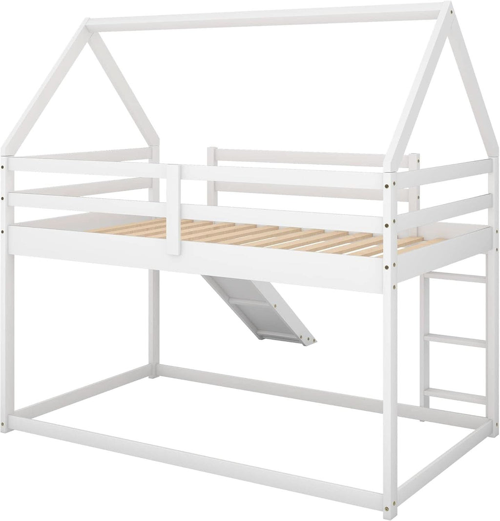 Twin Over Twin House Bunk Bed With Slide Solid Wood