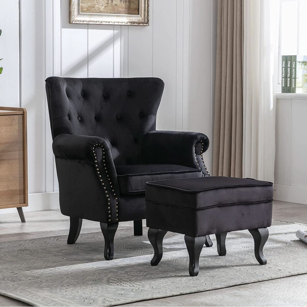 Elegant Black Velvet Wingback Chair With Ottoman Set