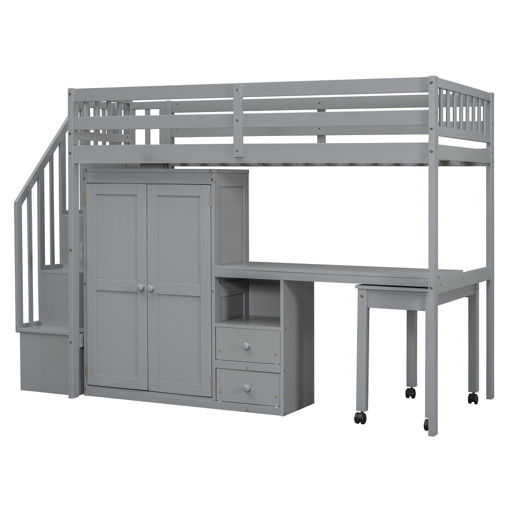 Loft Bed With Stairs, Bookshelf, Drawers, Desk & Wardrobe, Space Saving Multifunctional Furniture