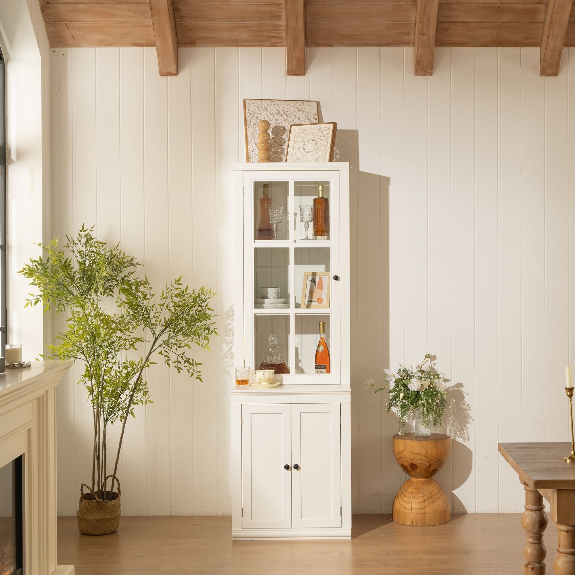 Retro Style Hutch Cabinet With Glass Door, China Cabinet For Home