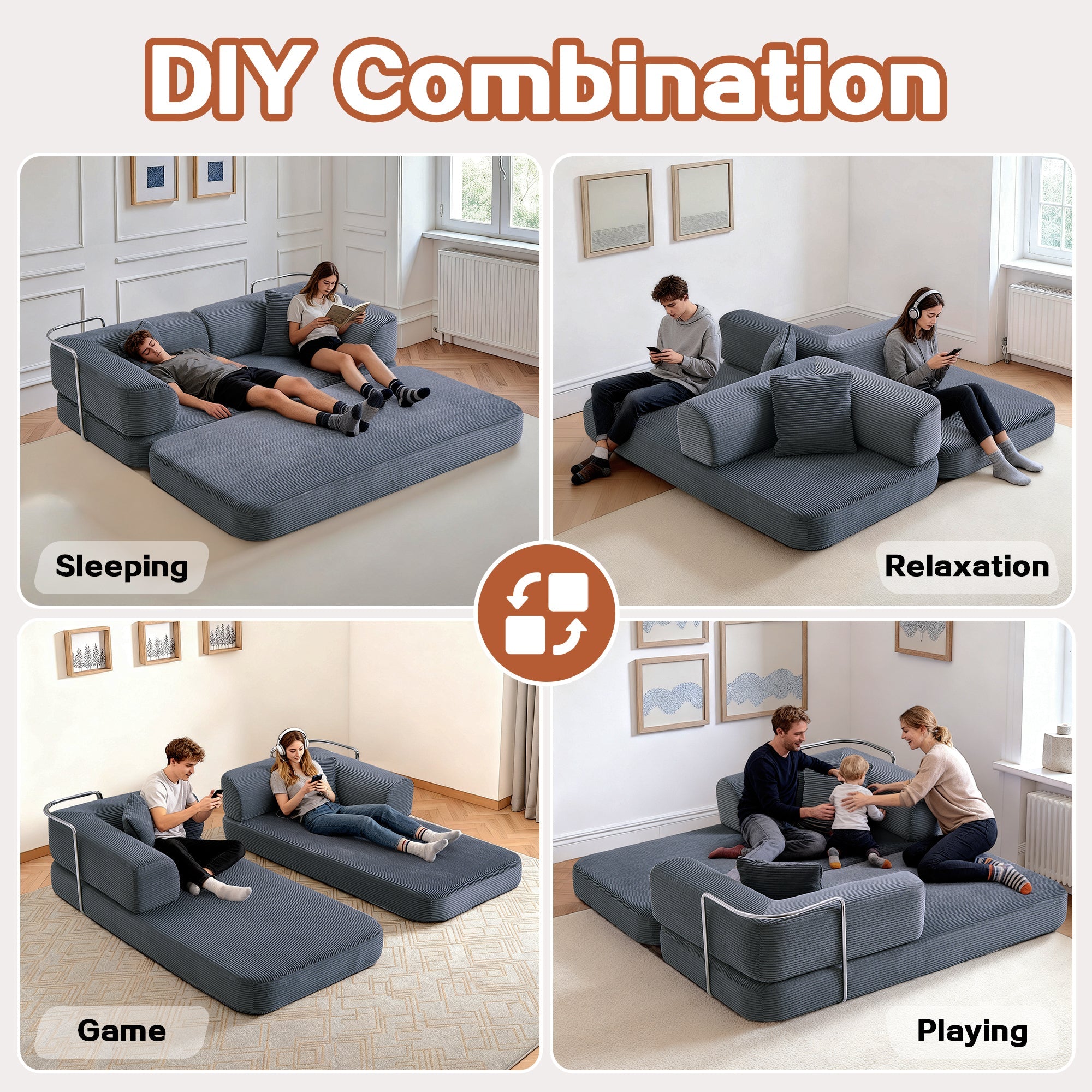 Sofa Bed Floor 5-in-1 Corduroy Gray Convertible Pillow Blanket 74.8 In
