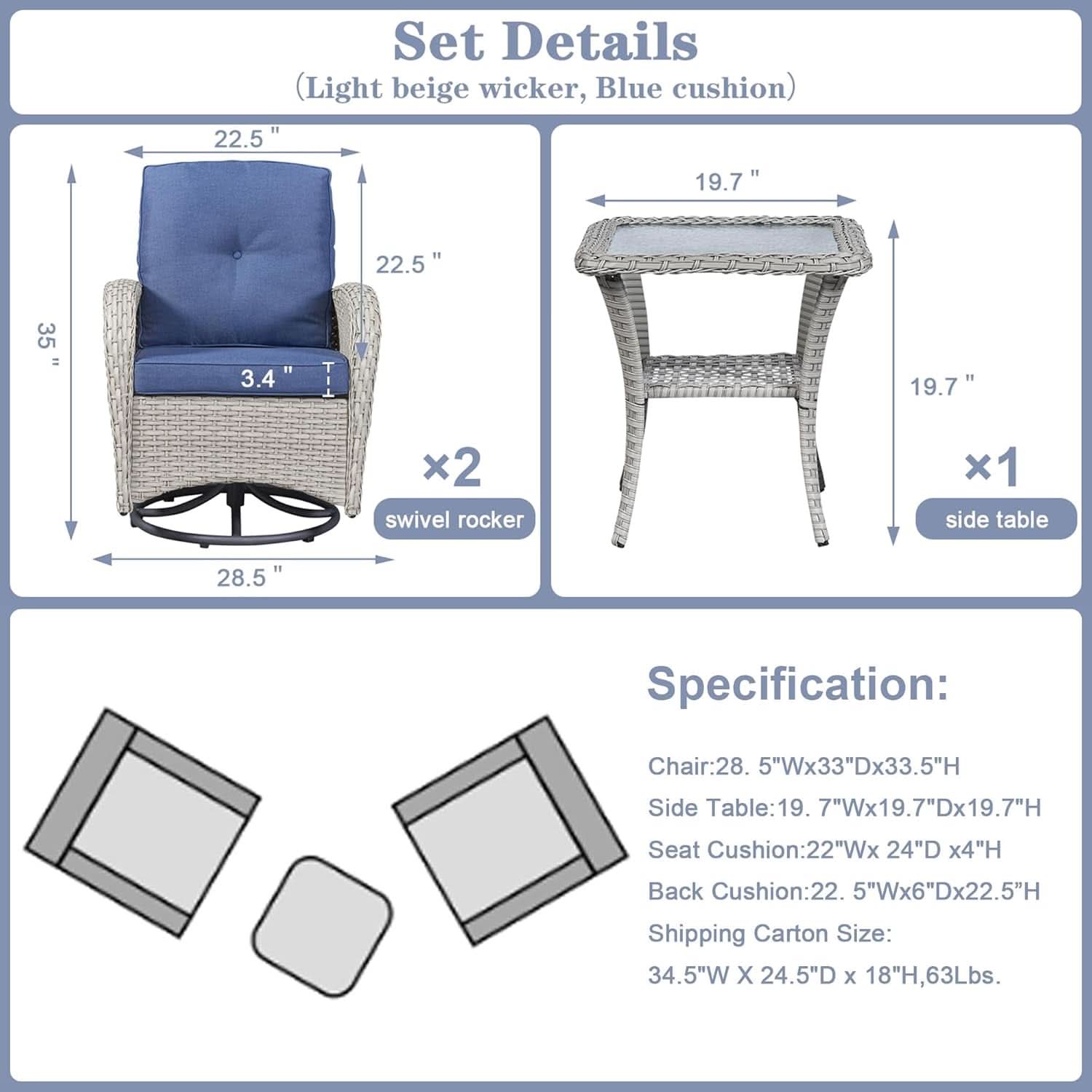 Patio Wicker Swivel Rocker Chairs Set Of 2 With Side Table