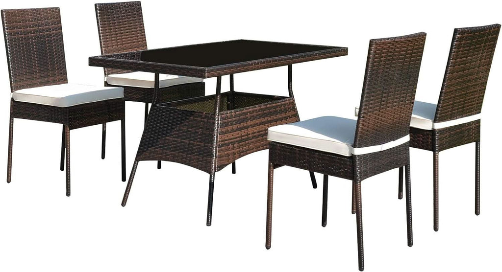 5 Piece Outdoor Patio Wicker Dining Set With Tempered Glass Table