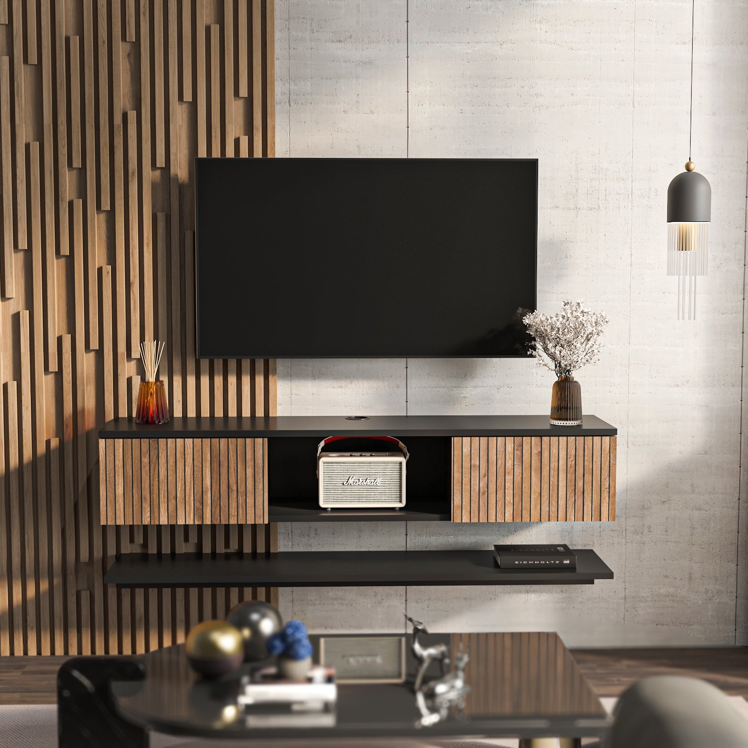 Elia 55” Floating TV Stand with Wall Shelf