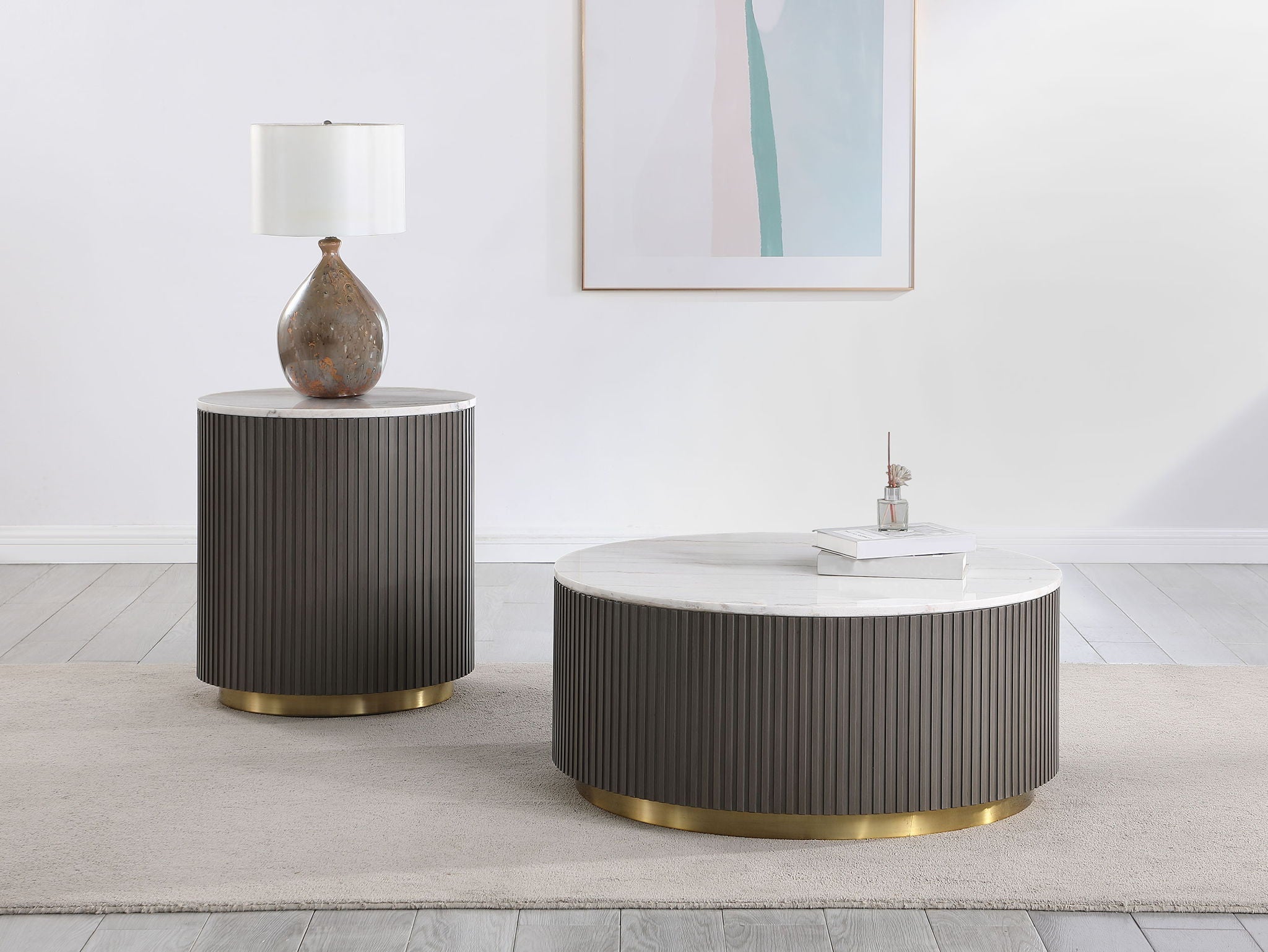 Jason Round White Marble Top Side End Table Charcoal