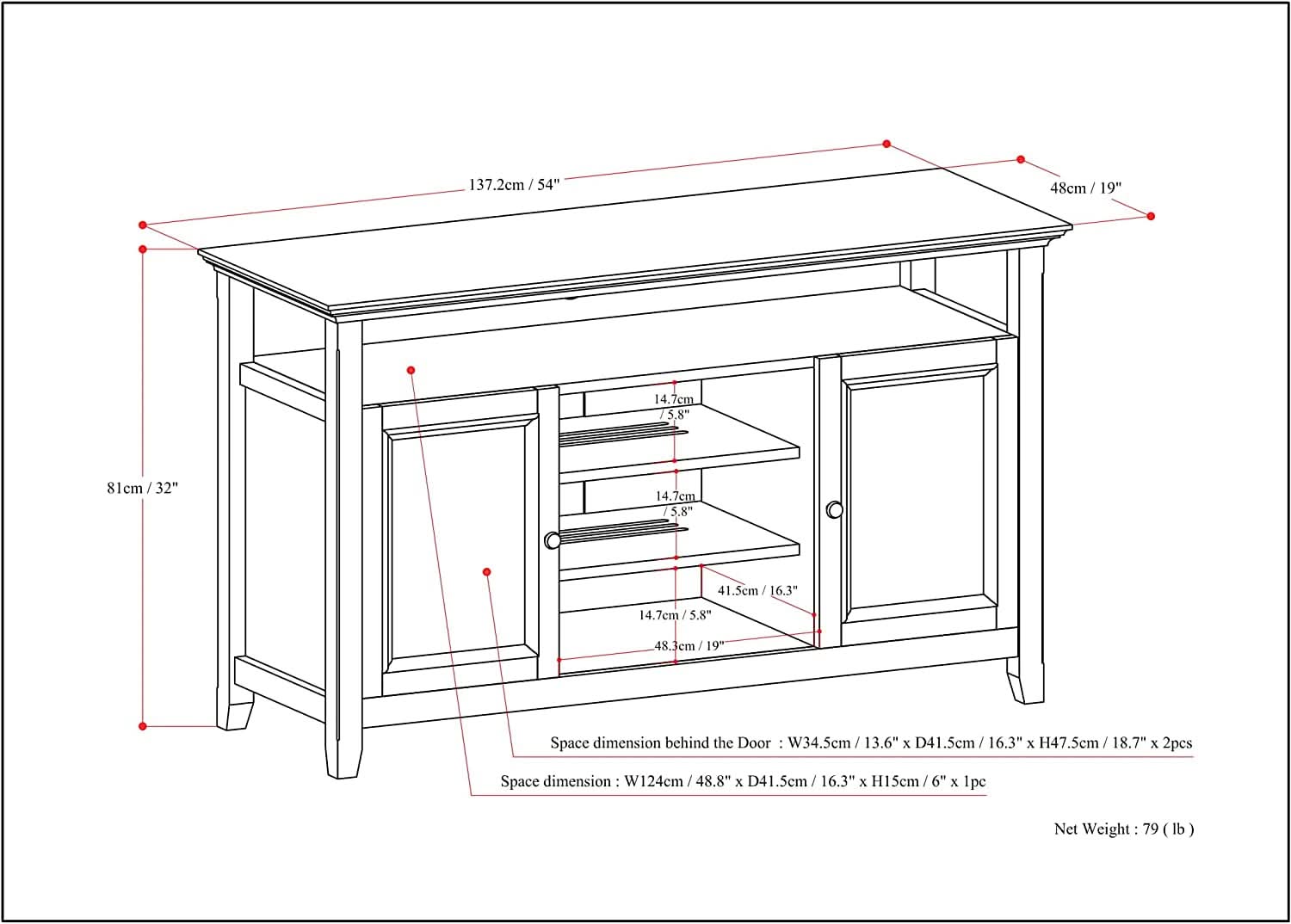 TV Media Stand 54 Inch Wide Golden Brown Cabinet Storage
