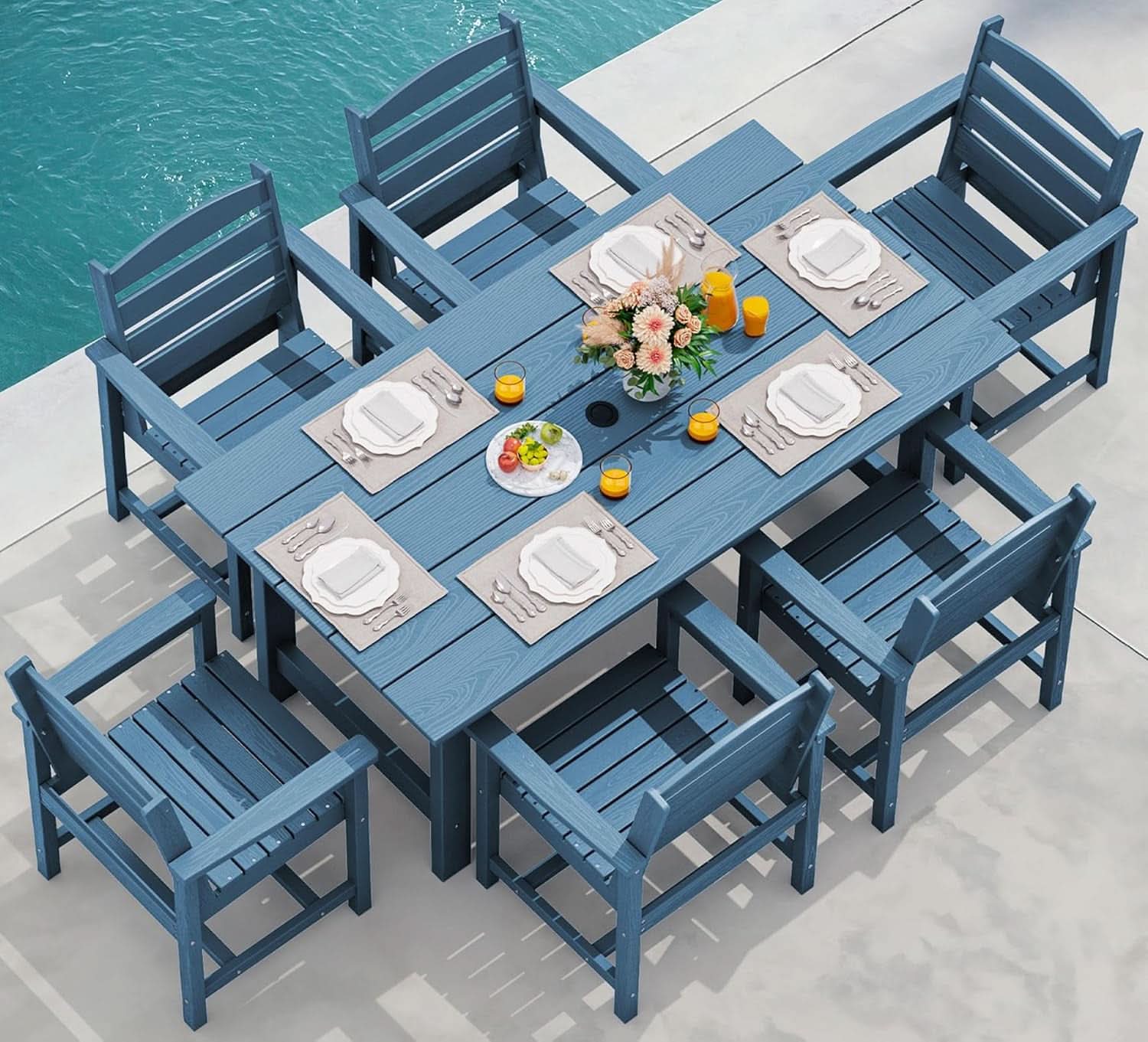 7 Piece Patio Dining Set Outdoor HDPE Table Blue Chairs