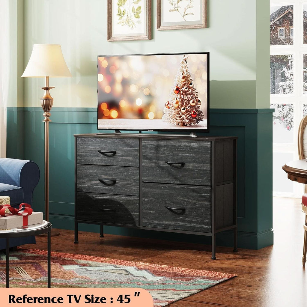 Fabric Dresser With 5 Drawers Charcoal Black Wood Grain