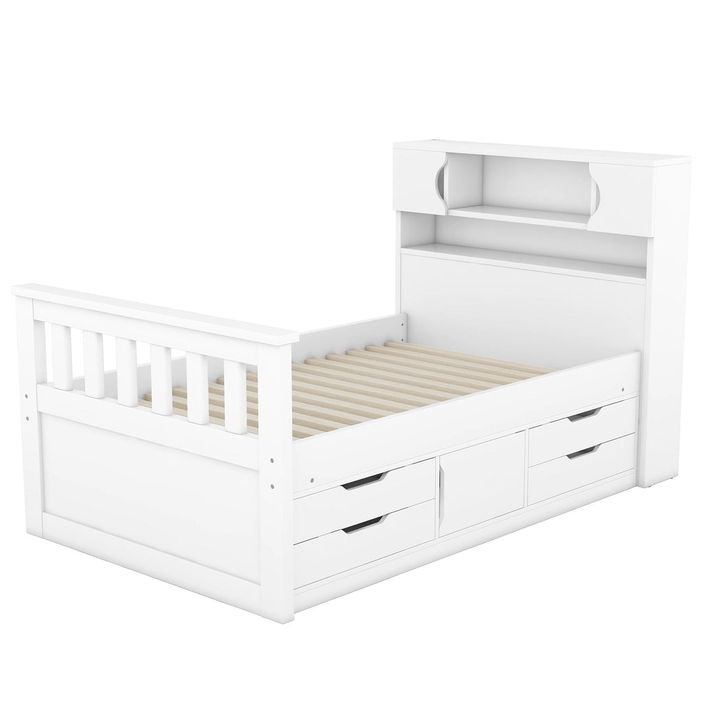 Captain Platform Bed Frame With Storage Bookcases, Shelves, And 4 Drawers