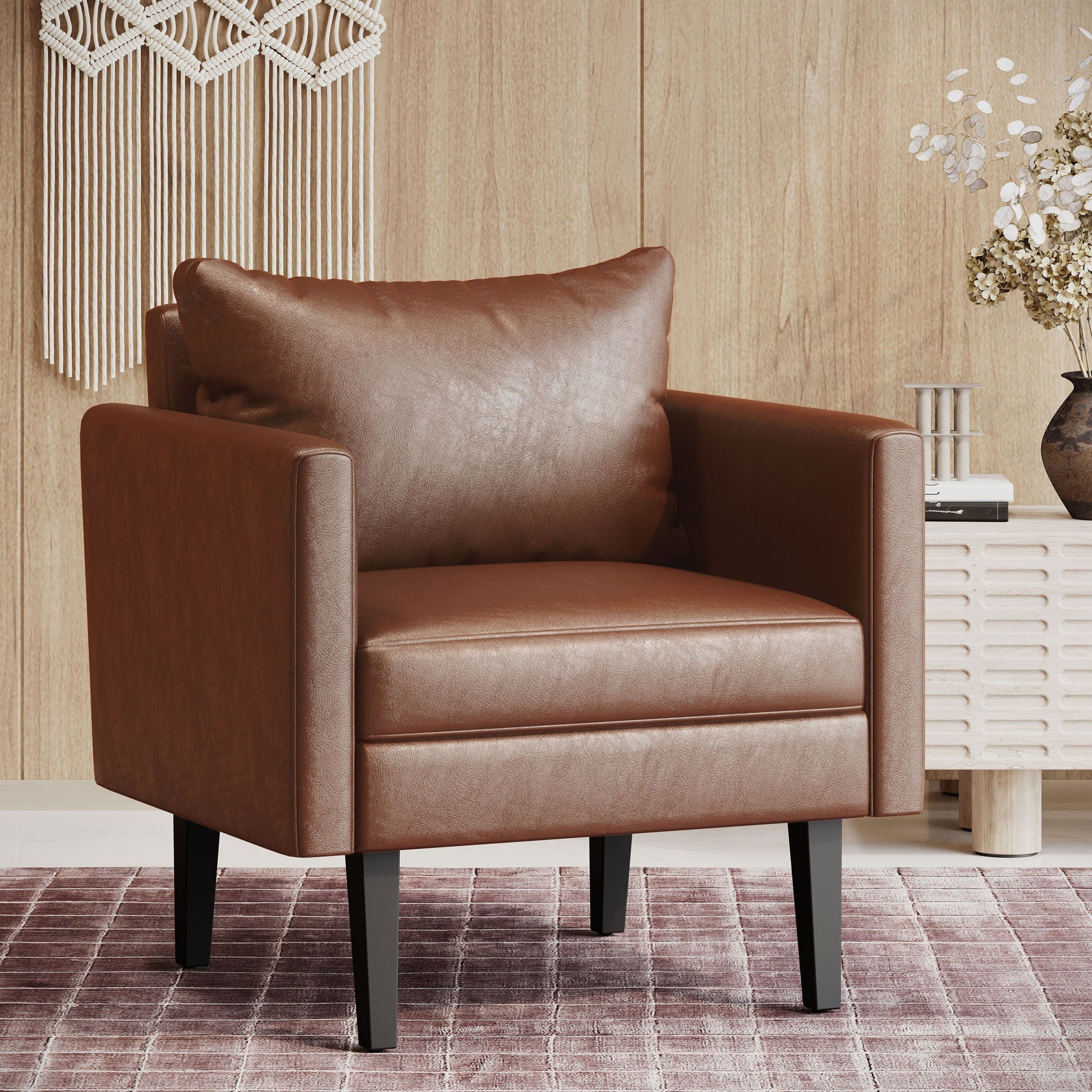 Faux Leather Club Chair With Birch Tapered Legs - Light Brown