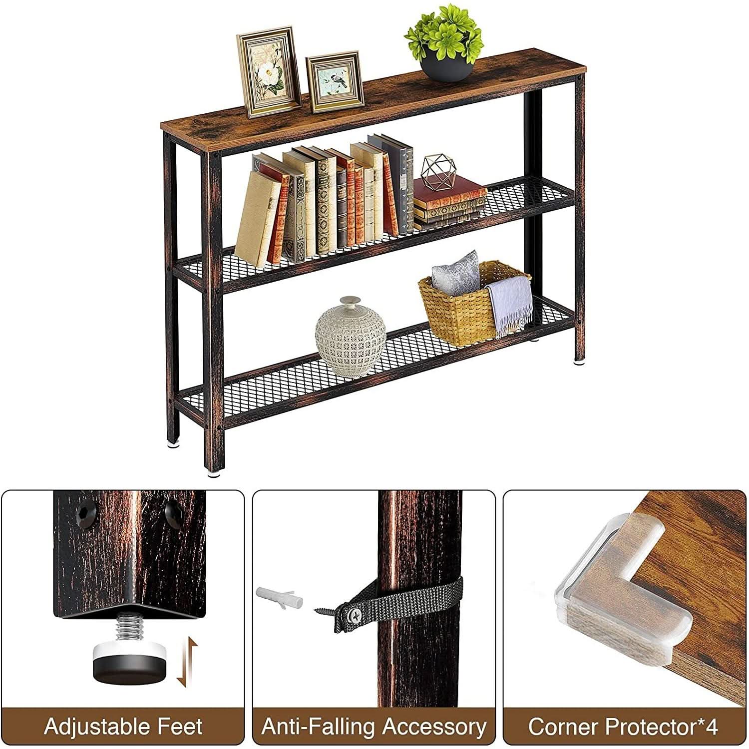 Rustic Console Table 47.25 Inch Long With Mesh Shelves