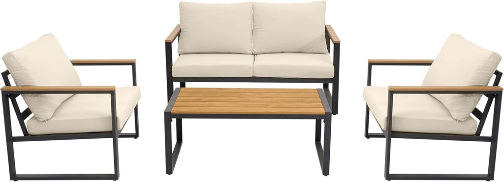 4 Piece Patio Set With Coffee Table Beige Metal Frames And Washable Cushions
