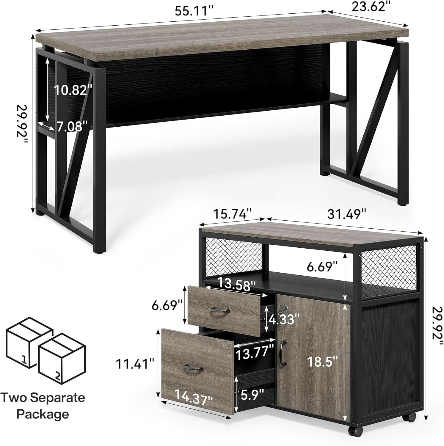 55 Inch L Shaped Office Desk With Grey Filing Cabinet Set