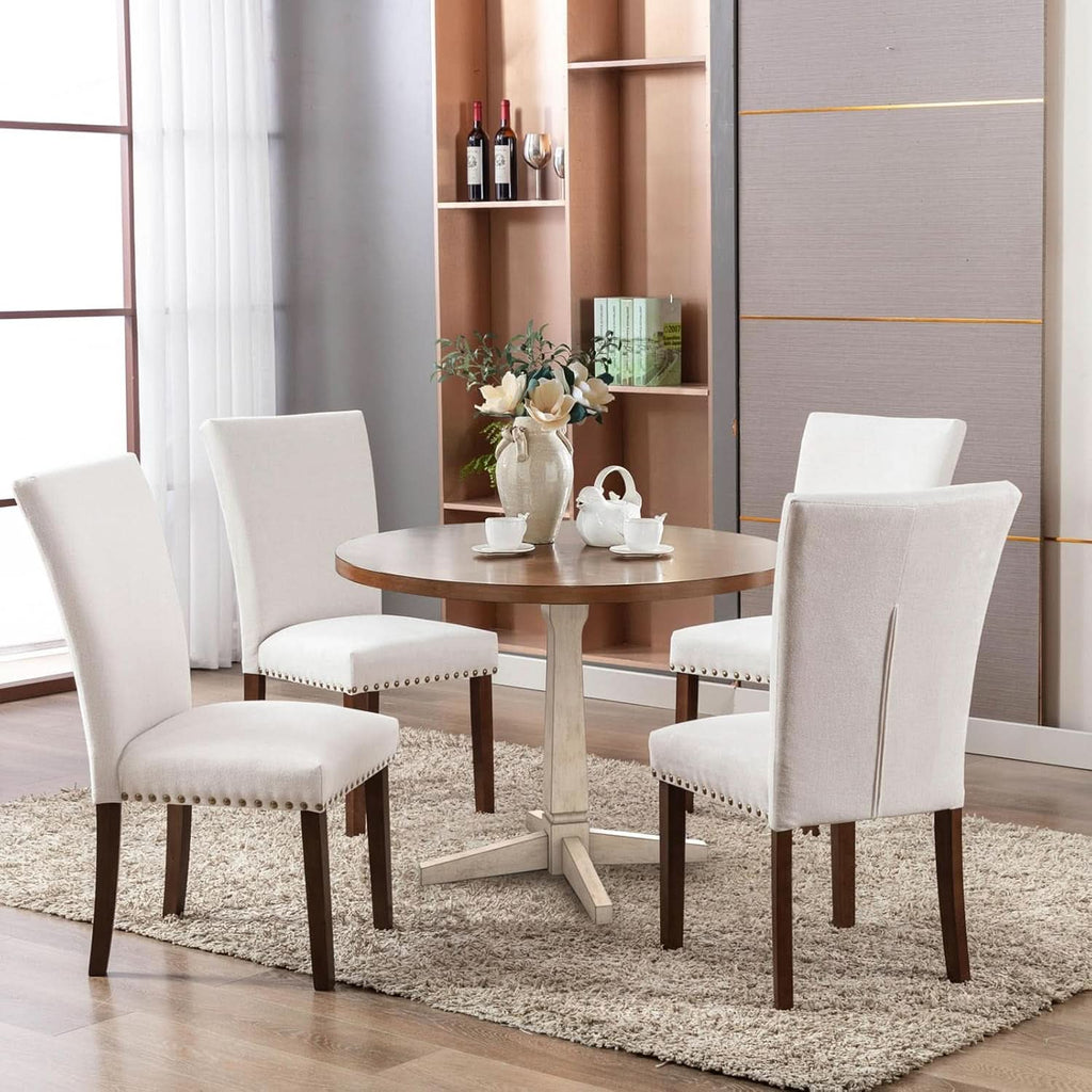 Beige Linen Upholstered High Back Counterheight Chairs