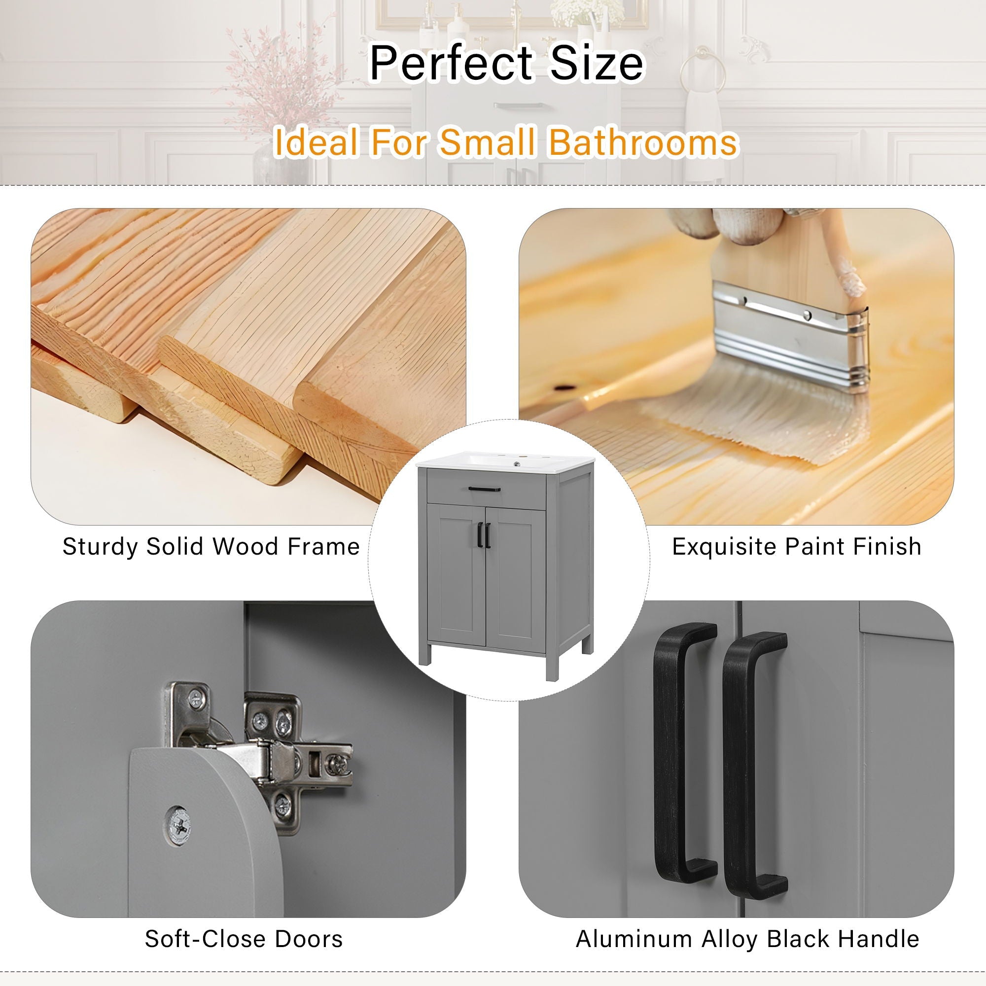 Bathroom Vanity With Ceramic Sink, Soft Close Doors, Flip Drawer, Double Layer Door Shelves