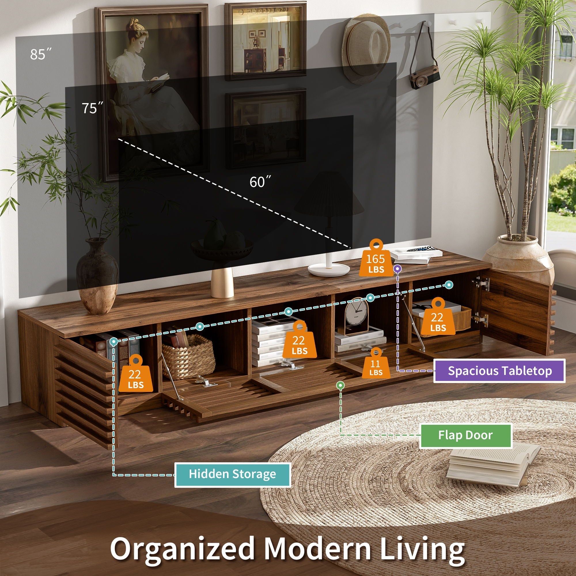 TV Stand For TVs, Entertainment Center With Cable Management And Soft Closing Hinges - Walnut