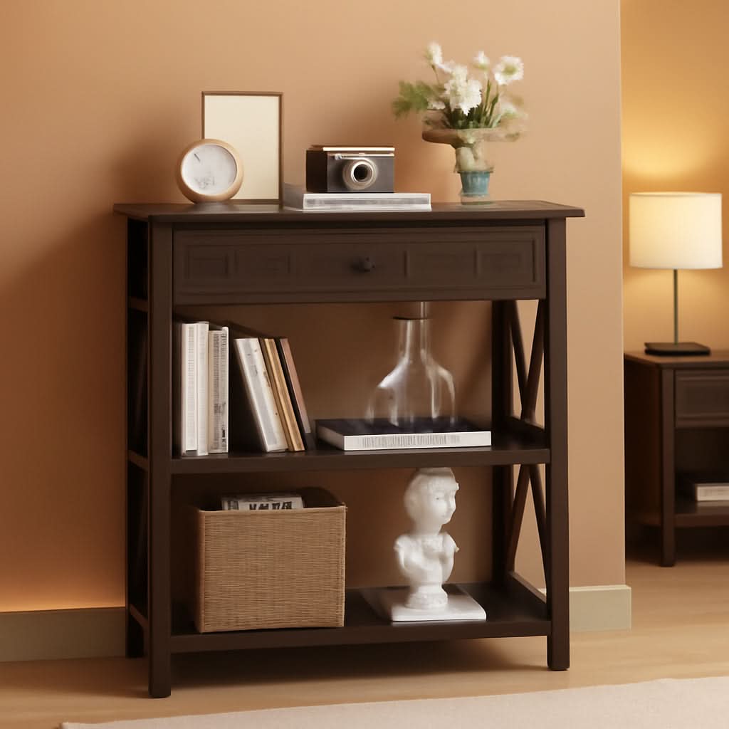 Rustic Bookshelf With Drawer Walnut Brown Industrial Wood And Metal