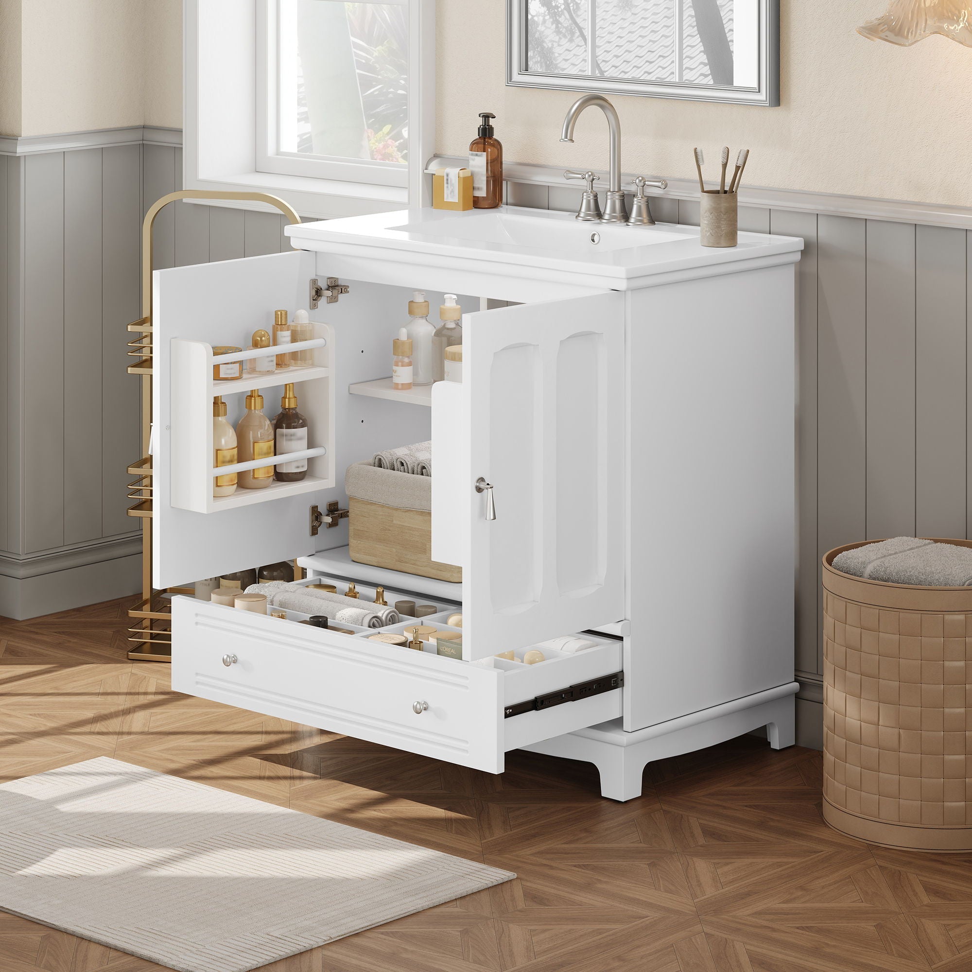 Bathroom Vanity With Sink, Cabinet With Adjustable Shelf And Drawer Divider