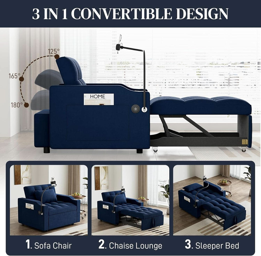 Blue Velvet SpaceSaving Convertible Sofa Chair USB