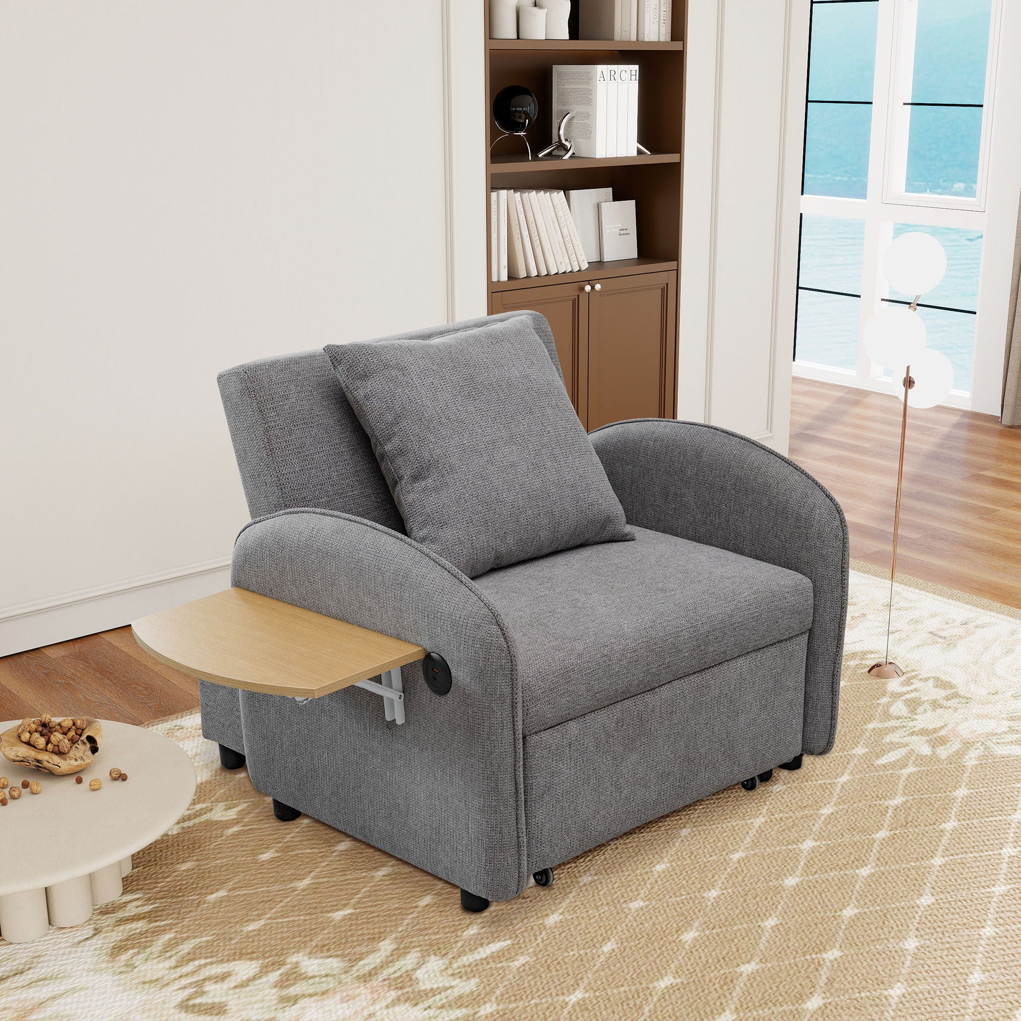 Convertible Single Chair Bed 3 In 1 Sofa With Computer Board And USB Ports - Gray