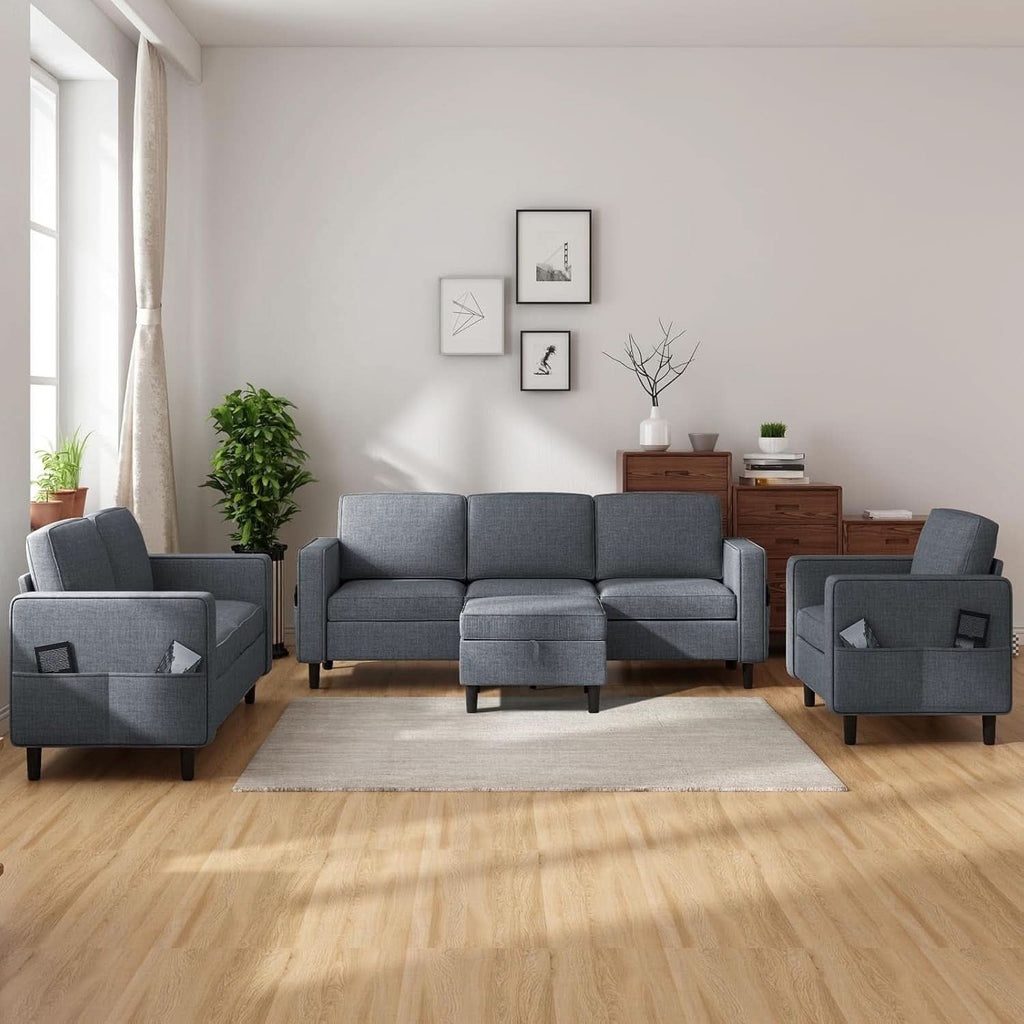 6 Seater Sectional Sofa In Dark Grey Linen With Ottoman
