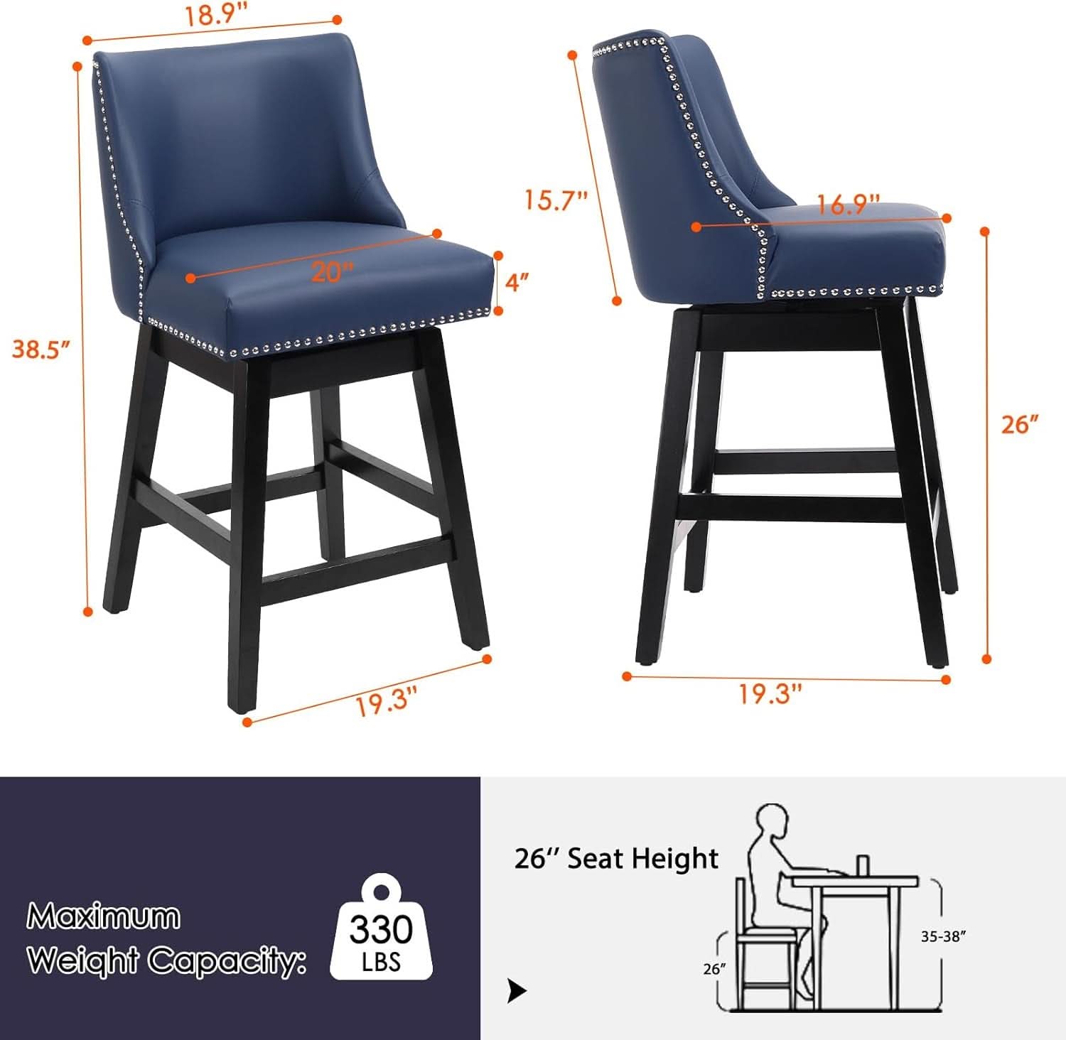 Swivel Bar Stools 26 Inch Counter Height Blue Faux Leather