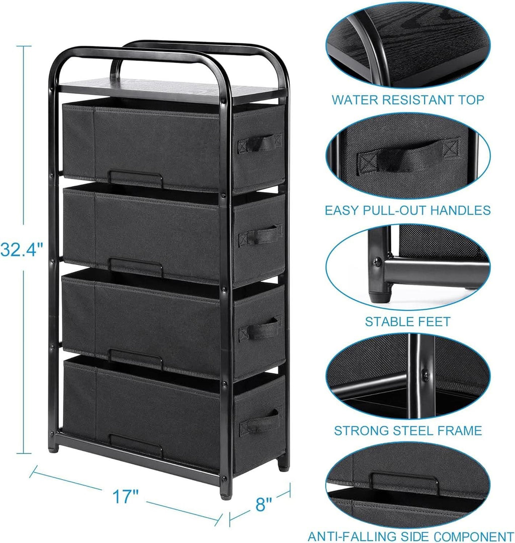 4 Drawer Narrow Fabric Dresser Storage Tower With Wood Top Black